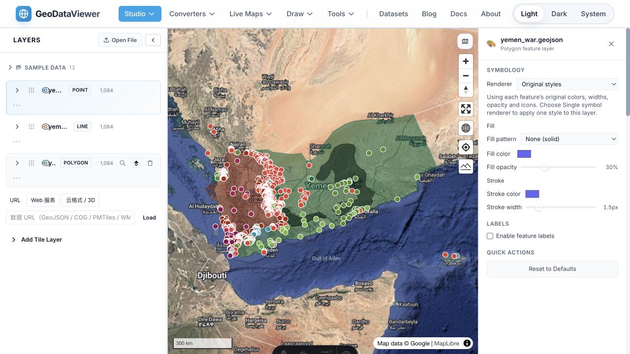 Converted Yemen GeoJSON rendered with individual marker colors, line styles and polygon fills in GeoDataViewer Studio