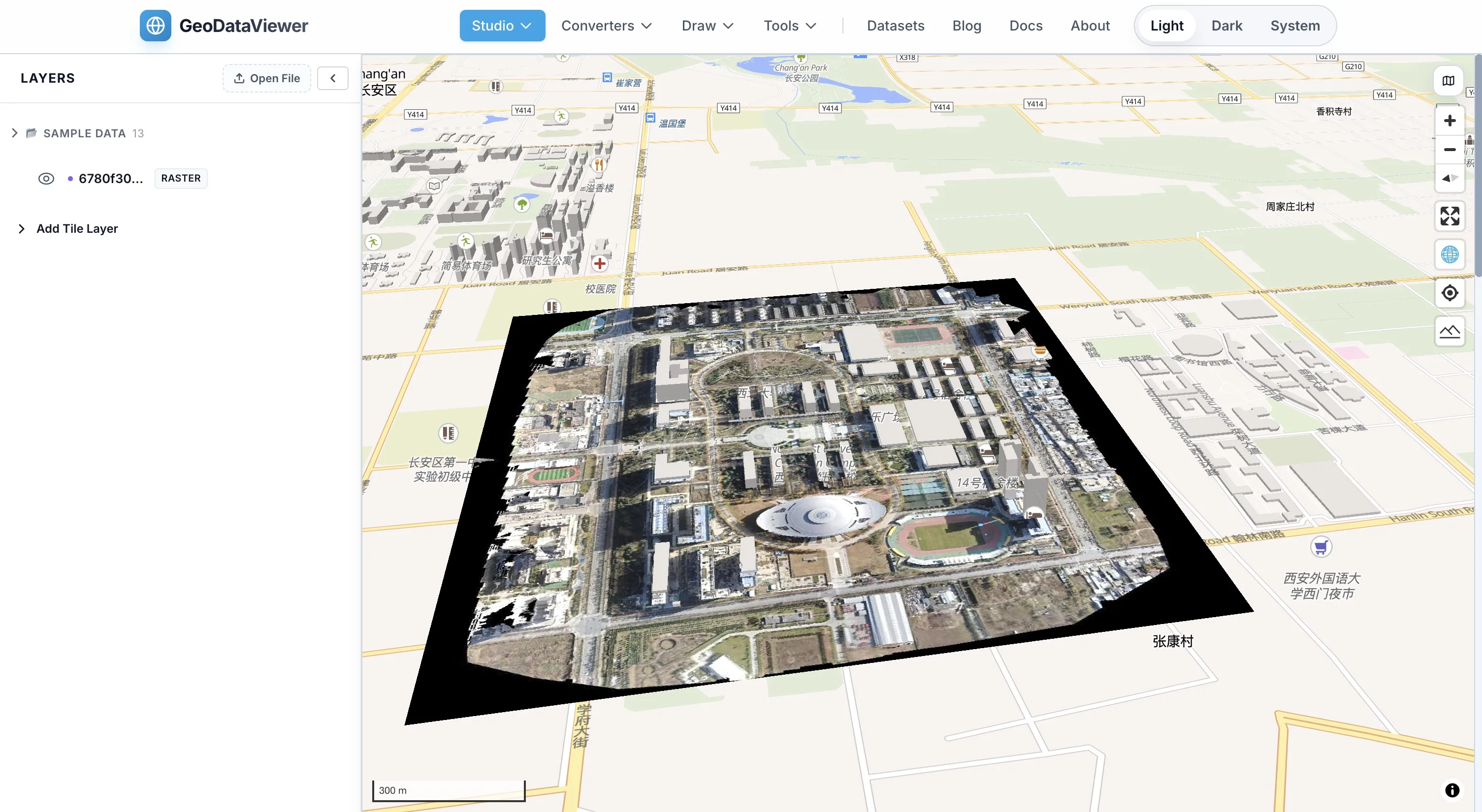 GeoDataViewer displaying a Cloud Optimized GeoTIFF (COG) raster layer in 3D with DEM terrain exaggeration