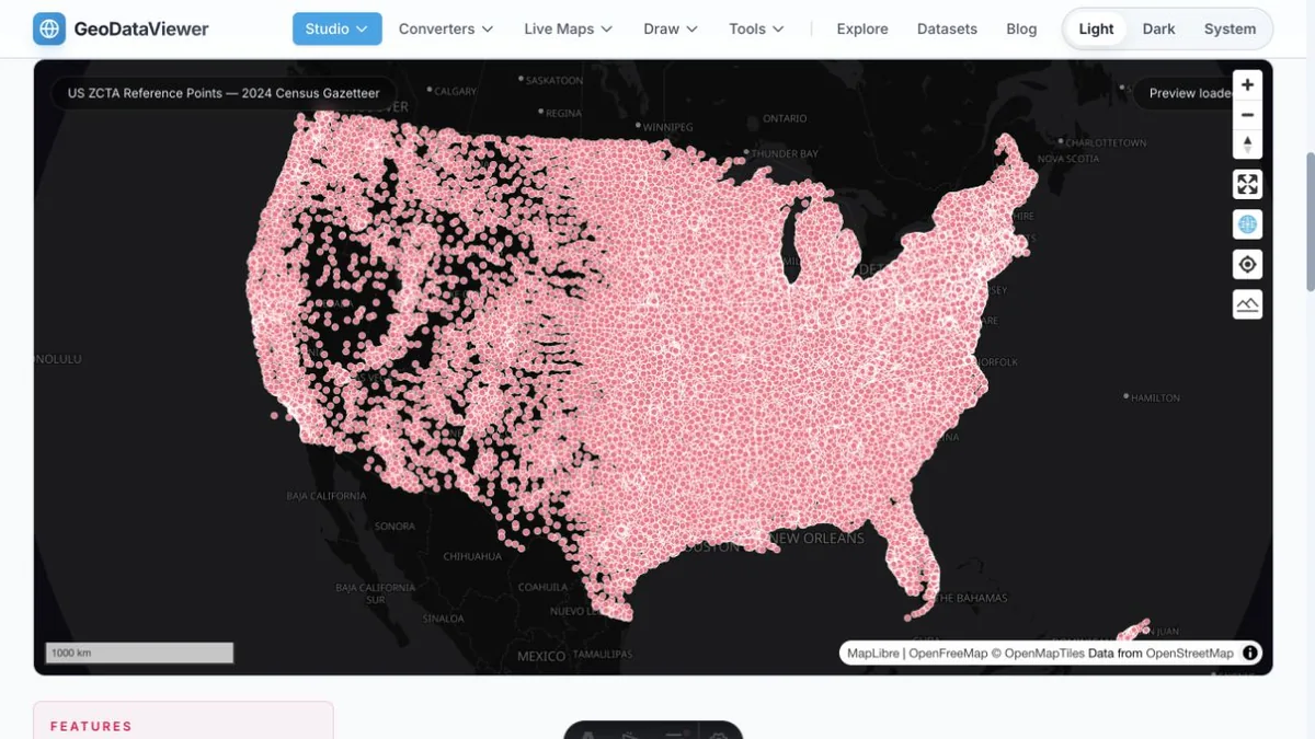 US ZCTA Reference Points — 2024 Census Gazetteer: actual dataset map preview