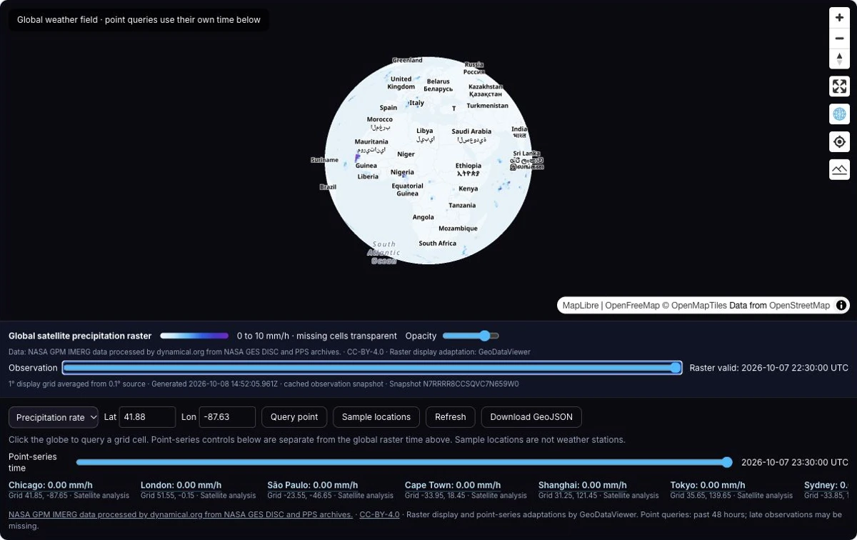 NASA IMERG continuous global satellite precipitation raster with observation time, rainfall legend and source attribution