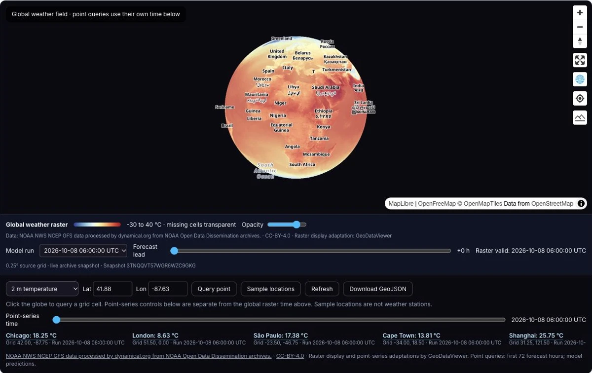 NOAA GFS continuous global temperature raster with forecast time, color legend and source attribution