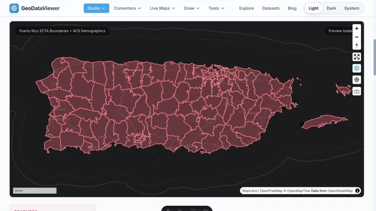 Puerto Rico ZCTA Boundaries + ACS Demographics: actual dataset map preview