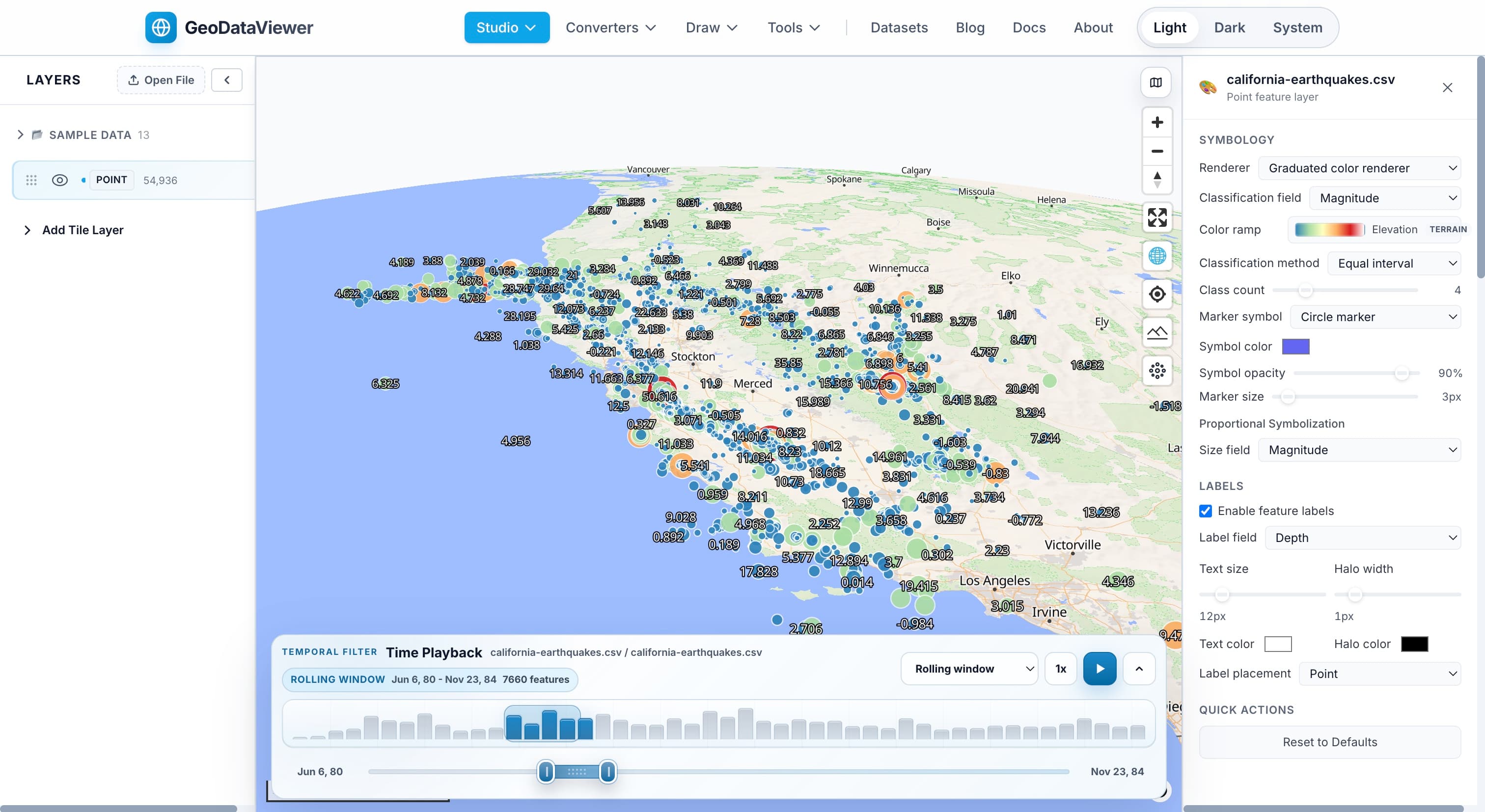 GeoDataViewer animating global earthquake vector points with timeline playback and filter controls
