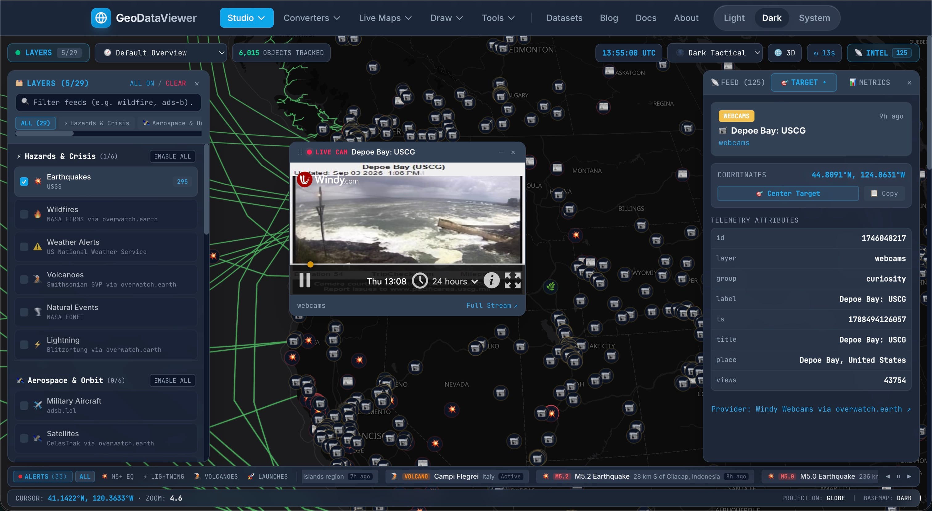 GeoDataViewer Live Situational Awareness Map displaying 29+ real-time feeds including earthquakes, satellites, flights, ships, and cables