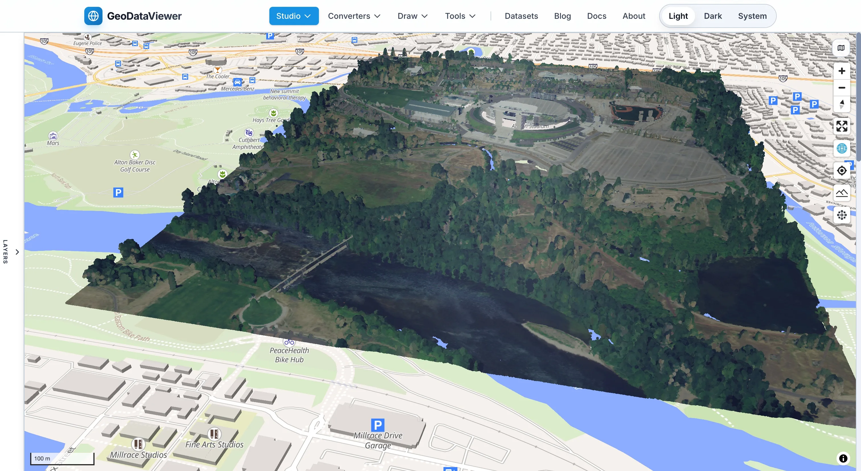 GeoDataViewer rendering georeferenced 3D LiDAR point cloud data on an interactive map